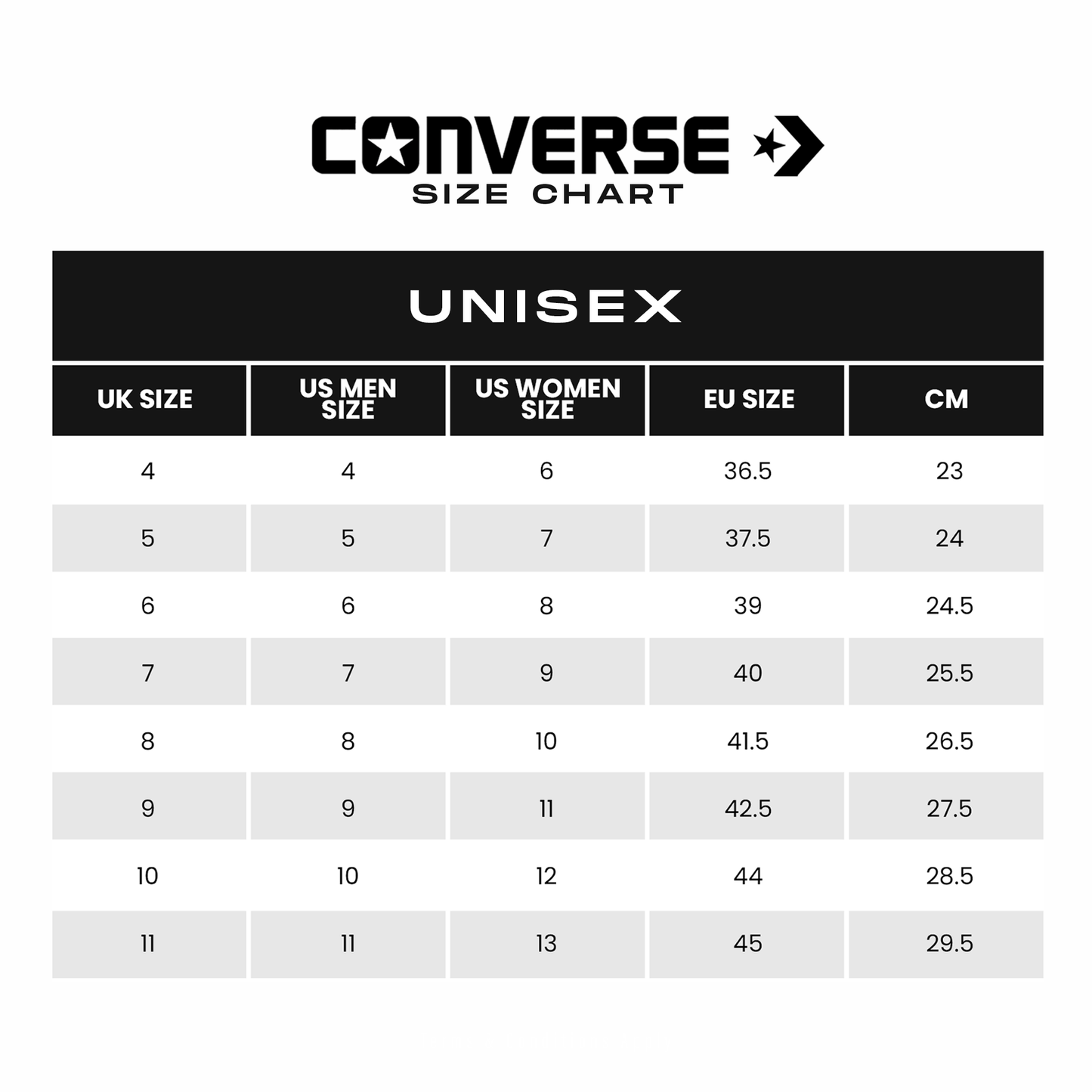 Size chart converse cheap